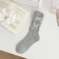 Grey cotton mid-tube socks with white bows, sweet ballet core style cute hosiery variant. - Gray