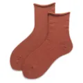 Brown rolled cuff crew socks, comfortable knitted daily casual cotton socks for women. - 34-39 / Orange Red