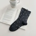 Spring and summer thin grey mid-tube socks with cute white floral pattern and lace ruffle cuff. - One Size (35-39) / Floral