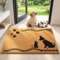 Detalle felpudo de fibra de coco, diseño de silueta de gato y perro, felpudo antideslizante. - Familia Feliz / 40*60cm