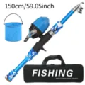 Kids fishing rod set with closed reel, telescopic pole, bucket and carry bag, blue camo - 1.5m Set / Blue