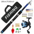 Telescopic fishing rod and spinning reel combo set with storage bag and fishing accessories. - 1.8m / Blue