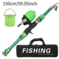 Kids fishing rod set 150cm portable telescopic pole with reel bucket bag green camo - 1.5m Set / Green
