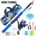 Juego de caña de pescar telescópica de 1.8M con carrete, bolsa de camuflaje y anzuelos. - Set 1.8M / Azul negro