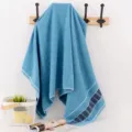 Pure cotton bath towel thick soft absorbent blue home daily use beach towel wide satin border - Blue