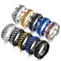 Stainless steel spinner ring with Roman numerals and chain design, multi-color variant set. - Size 5 / Multicolor Ring Set (SMTZ2004)