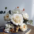 Artificial white rose fake flower bouquet home dining table decor floral arrangement. - White