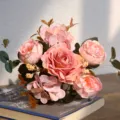 Artificial pink rose flower bouquet table decoration dining table display set. - Pink