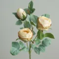 Artificial champagne rose flower branch with three heads and realistic green leaves for home decor - Champagne