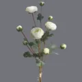Artificial white ranunculus flower bouquet with green leaves and buds for home decor table. - White