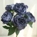 Artificial Peony Flower Bouquet Dark Purple 5 Heads Silk Fake Flowers Home Decor Table Centerpiece - Blue