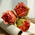 Artificial rose bouquet faux silk flowers vintage scorched edge design for home decor table. - 3 Heads / Orange Red