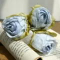 Artificial burnt edge rose bouquet, vintage blue fabric fake flowers for home table decor. - 3 Heads / Blue