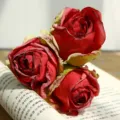 Artificial rose flower bouquet, vintage burnt edge red roses for home table decor and floral art. - 3 Heads / Red