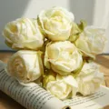 Artificial cream rose bouquet vintage scorched edge fake flowers for home dining decor - 7 Heads / Off White