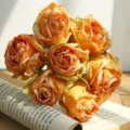 Artificial burnt-edge rose bouquet faux flower home table decor aesthetic vintage style - 7 Heads / Yellow