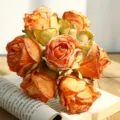 Vintage burnt edge artificial rose bouquet fake flowers for home dining table rustic decor style. - 7 Heads / Orange Yellow