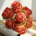 Artificial rose bouquet burnt edge fake flowers home decor rustic floral arrangement setup - 7 Heads / Orange Red