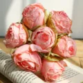 Pink scorched edge artificial rose bouquet, farmhouse faux floral arrangement for home decor. - 7 Heads / Pink