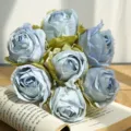 Artificial Rose Bouquet Blue Fabric Fake Flowers for Home Decor Table Centerpiece - 7 Heads / Blue