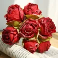 Retro artificial rose bouquet for home decor, vintage silk flower arrangement tabletop ornament. - 7 Heads / Red