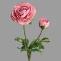 Fleur de renoncule rose artificielle avec deux têtes et feuilles vertes pour décoration. - Rose d'automne