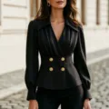 Chic V-neck long sleeve blouse for women with pleated crossover and double breasted gold buttons. - S / Tops / Black