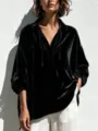 Casual black velvet V-neck blouse featuring drawstring and stylish lantern sleeves for women. - S / Tops / Black