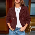 Women's retro brown suede double-breasted blazer jacket with lapel and long sleeves for autumn. - S / Tops / Burgundy