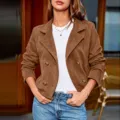 Brown suede blazer for women featuring a stylish lapel collar and double-breasted button detail. - S / Tops / Khaki