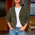 Olive green faux suede blazer jacket for women, vintage lapel double-breasted long sleeve top. - S / Tops / Green