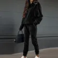 Damen schwarzer Samt Trainingsanzug langarm Kapuzensweatshirt und Jogginghose 2-teiliges Set - S / Oben Und Unten / Schwarz