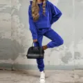Damen Herbst Winter Casual Einfarbig Samt Langarm Hoodie Und Jogginghose Zweiteiler - Blau