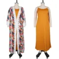 Plus size women two-piece set detail, tropical print kimono cardigan with yellow slip dress. - L / Top And Bottom / Yellow