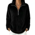 Schwarzer flauschiger Pullover mit Viertel-Reißverschluss, geripptes Fleece-Oberteil Damen Detail - S / Oberteile / Schwarz