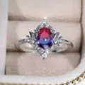 Stunning gradient pear-shaped gemstone ring with crystal crown design in elegant silver setting. - Size 5 / Silver Pink Blue