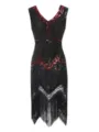 Stunning 1920s vintage sequined beaded V-neck dress with stylish fringe hem for party. - Custom Sizes / Dresses / Red & Black