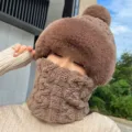 Ensemble bonnet et écharpe en peluche douce d'hiver, casquette chaude coupe-vent pour femmes. - Pompon Gaufré - Café