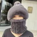Ensemble bonnet et écharpe polaire d'hiver pour femme, protection épaisse et anti-vent. - Pompon Gaufré - Gris Foncé