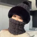 Ensemble bonnet en tricot thermique pelucheux et tour de cou femme hiver pour cyclisme coupe-vent. - Pompon Gaufré - Noir