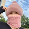 Femme hiver rose peluche coupe-vent chaud chapeau et écharpe ensemble intégré cyclisme. - Pompon Gaufré - Rose