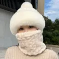 Femme hiver chaud polaire chapeau et écharpe ensemble épais coupe-vent peluche bavoir - Pompon Gaufré - Blanc Cassé