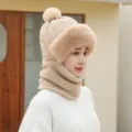 Femme hiver chaud peluche chapeau et écharpe tout-en-un épaissi coupe-vent bonnet kaki - Style Coréen Intégré - Khaki
