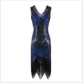 1920s Vintage Sequin Beaded V-Neck Fringe Dress Elegant Flapper Evening Party Dress - S / Dresses / Blue