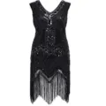 1920s Vintage Sequin Beaded Fringe Dress V-Neck Black Party Dress Flapper Costume - S / Dresses / Solid Black