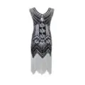 1920s vintage sequin beaded flapper dress, black and silver V-neck fringe dress variant. - Custom Sizes / Dresses / Black Silver White