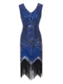 Vintage 1920s Flapper Dress Royal Blue Sequin Beaded V-Neck Fringe Party Evening Dress - Custom Sizes / Dresses / Blue