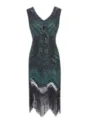 1920s vintage dark green sequin beaded V-neck fringe flapper dress for elegant women. - Custom Sizes / Dresses / Black Green