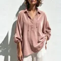 Velvet V-neck drawstring lantern sleeve loose pullover shirt detail view for women fashion. - S / Tops / Pink
