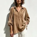 Velvet shirt detail view featuring V-neckline, adjustable drawstrings and elegant lantern sleeves. - Khaki
